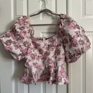Floral Puff-Sleeve Peplum Top in Pink and Cream